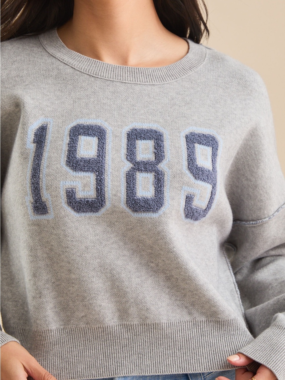 Altar’d State 1989 Cropped Sweater Gray Varsity Pullover Small Soft Cozy Preppy - Picture 10 of 10